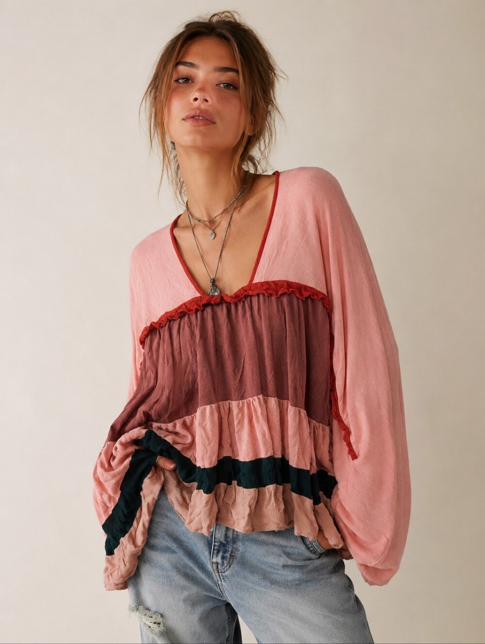 Anthropologie Meadow Rue Mina Top Size S Oversized Layered Ruffle Boho Blouse